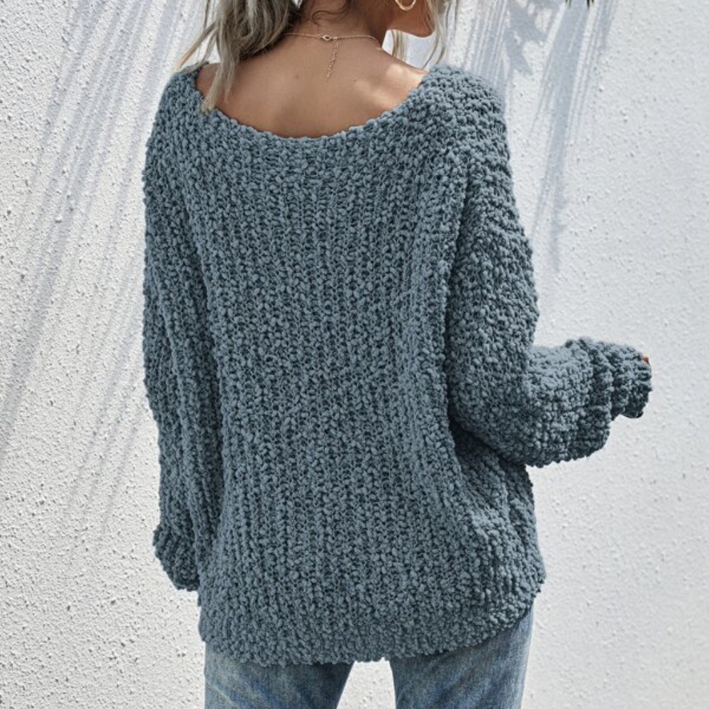 Cozy dusty Blue oversized off shoulder popcorn sweater - Picture 10 of 10